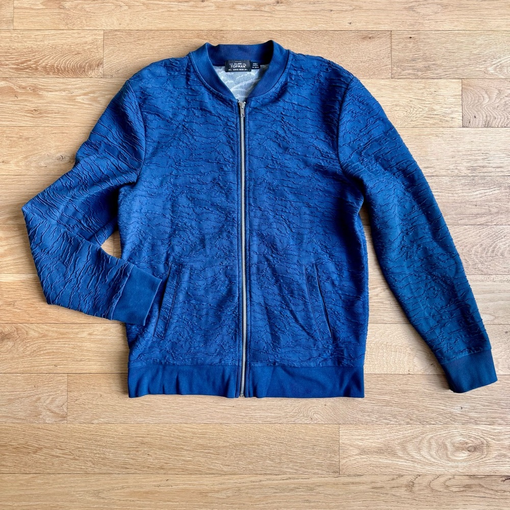 Topman Jacket. Blue Textured Zip-Up. Size: L